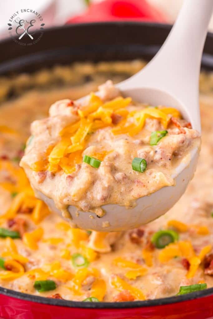 Bacon Cheeseburger Soup in a ladle
