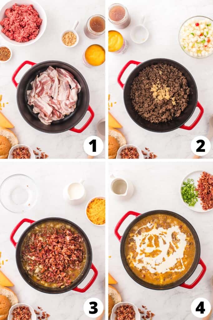 Collage of Bacon Cheeseburger Soup Recipe Steps