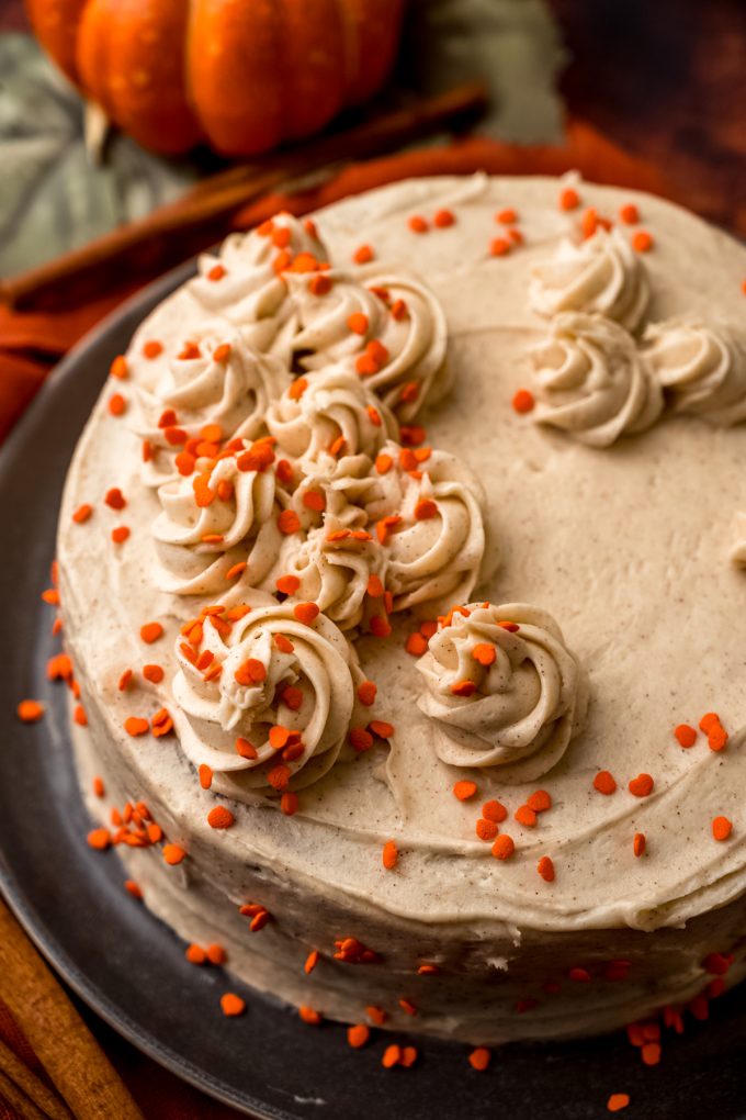 A pumpkin cake on a platter.